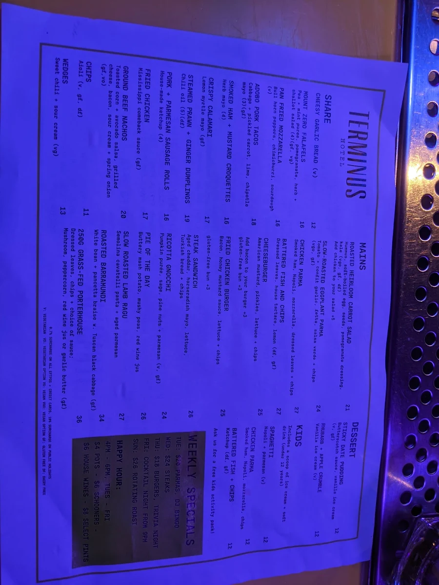 Menu, Terminus Hotel