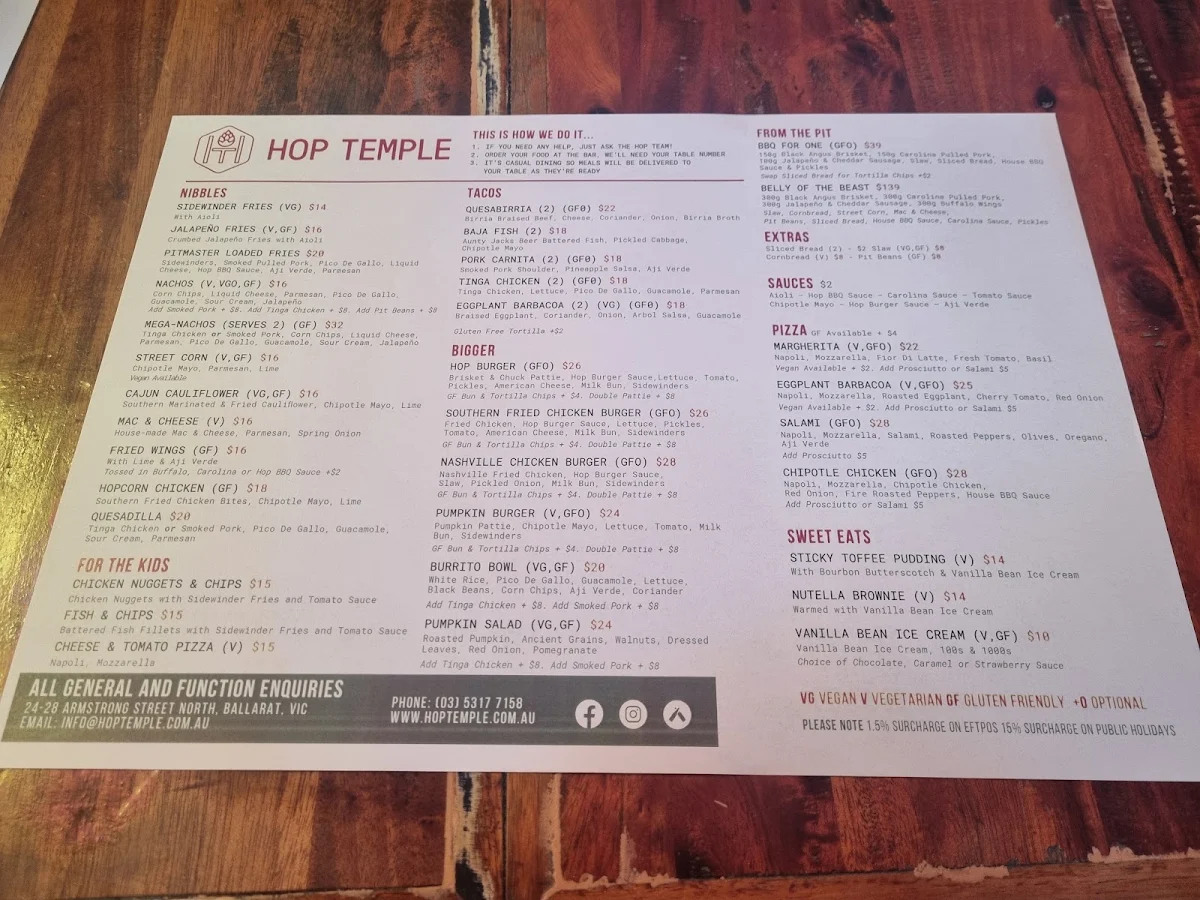 Menu, Hop Temple
