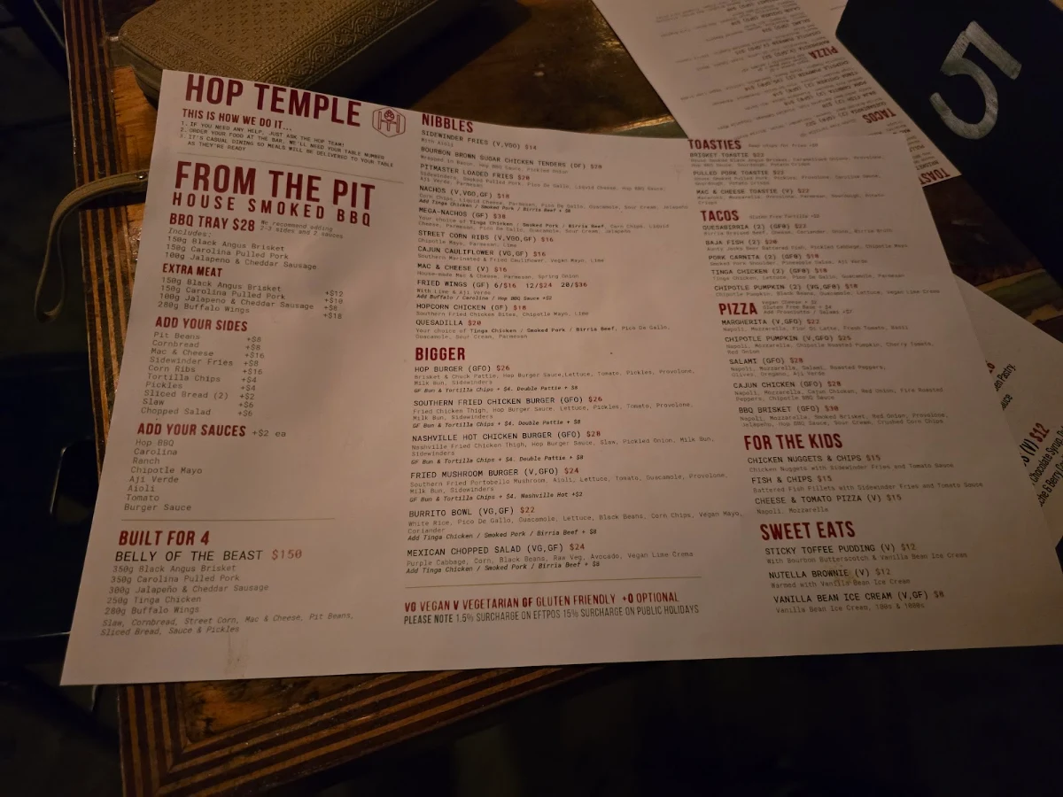 Menu, Hop Temple