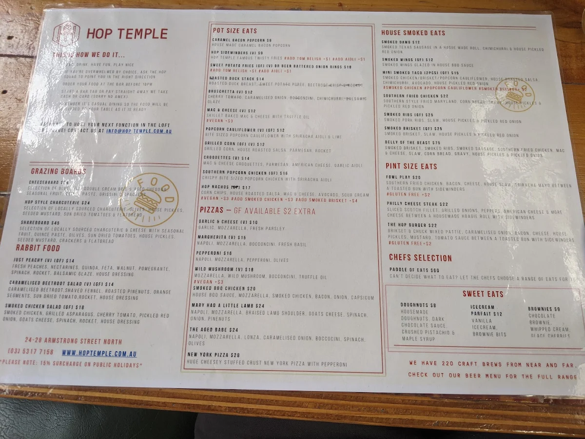 Menu, Hop Temple