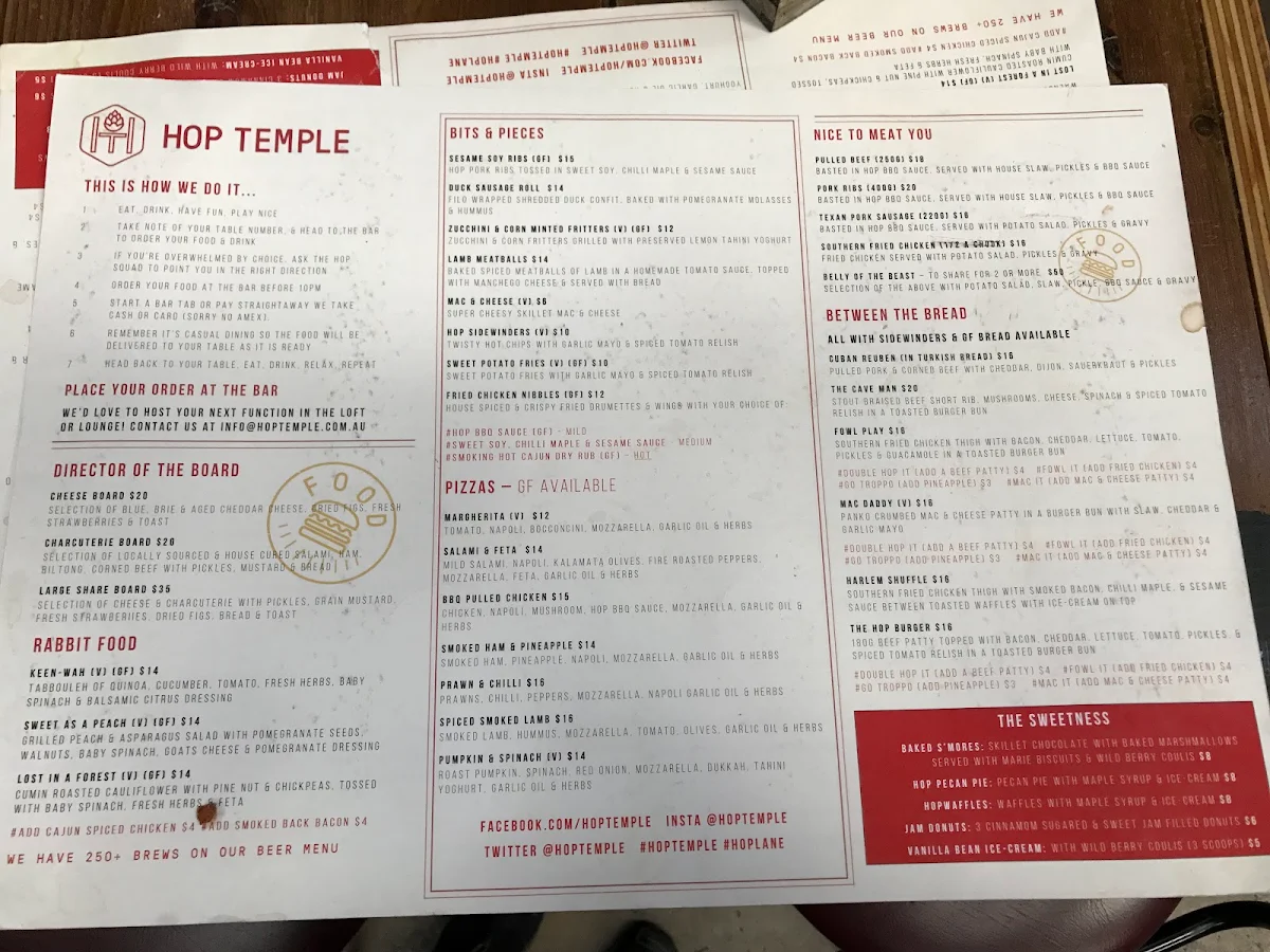 Menu, Hop Temple