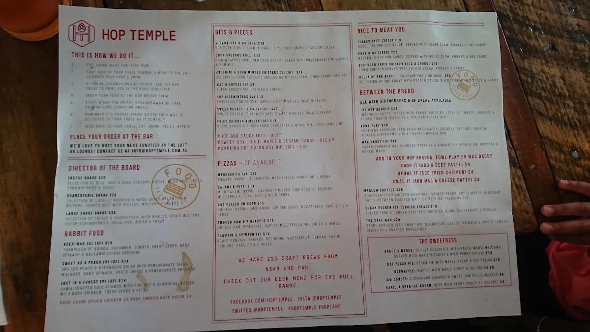 Menu, Hop Temple
