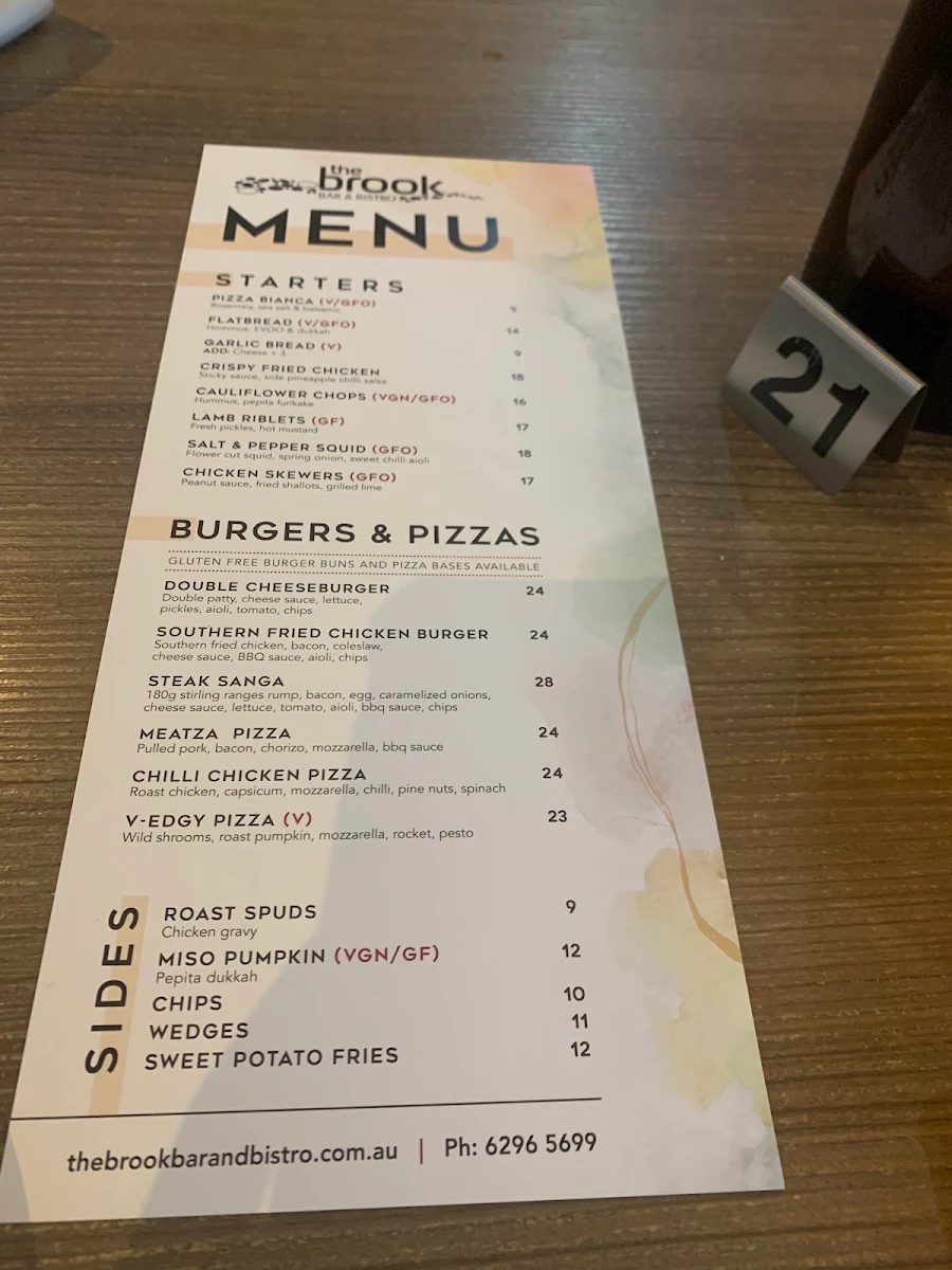 Menu, The Brook Bar & Bistro