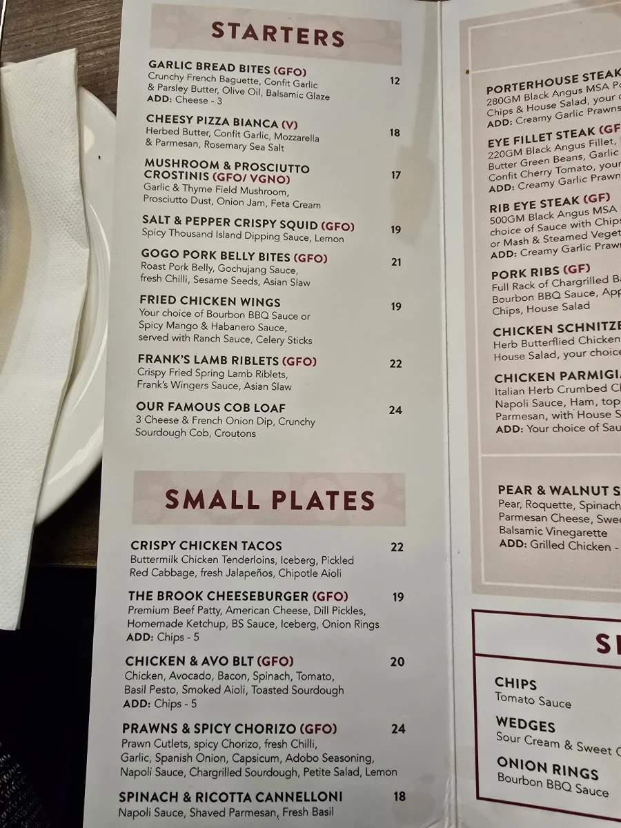 Menu, The Brook Bar & Bistro