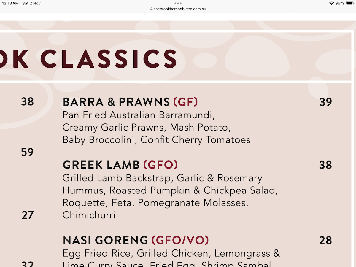 Menu, The Brook Bar & Bistro