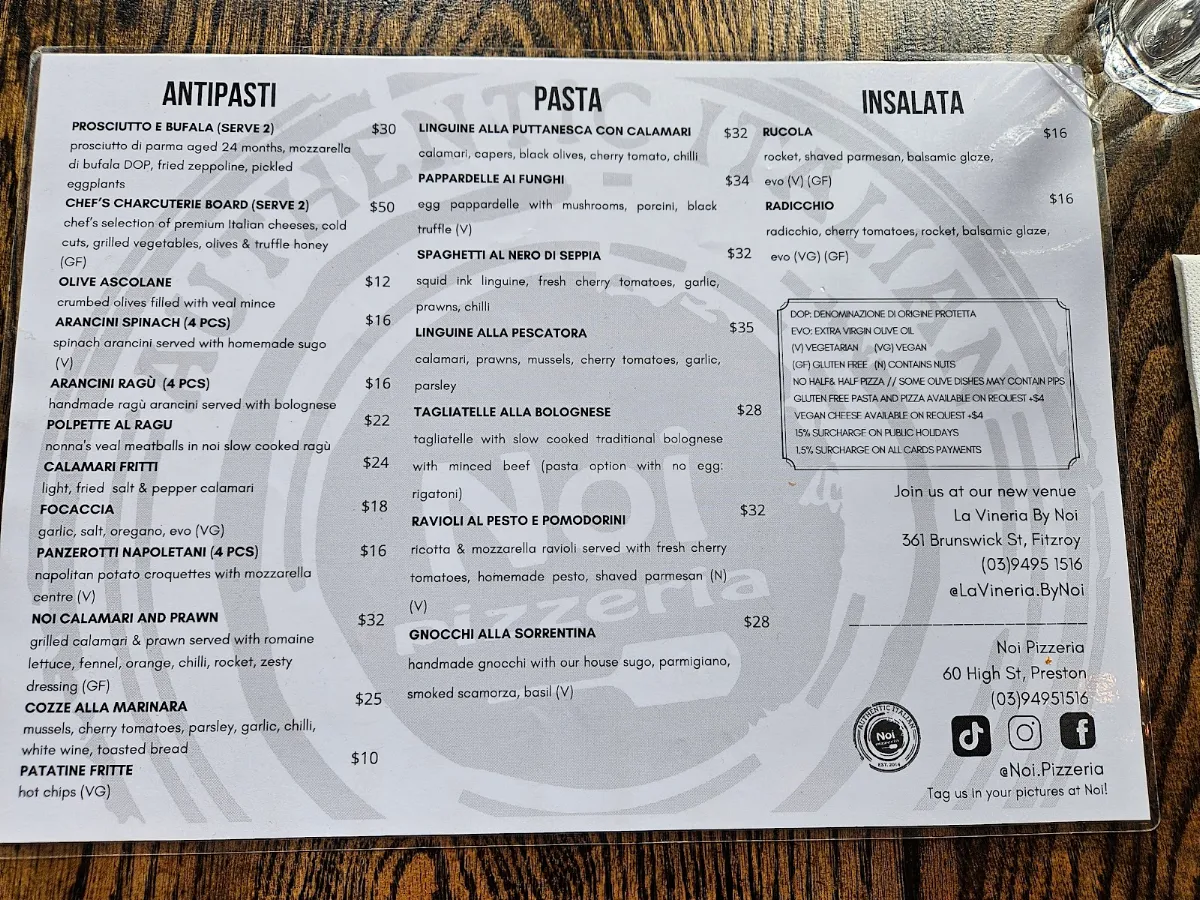 Menu, Noi Pizzeria Preston