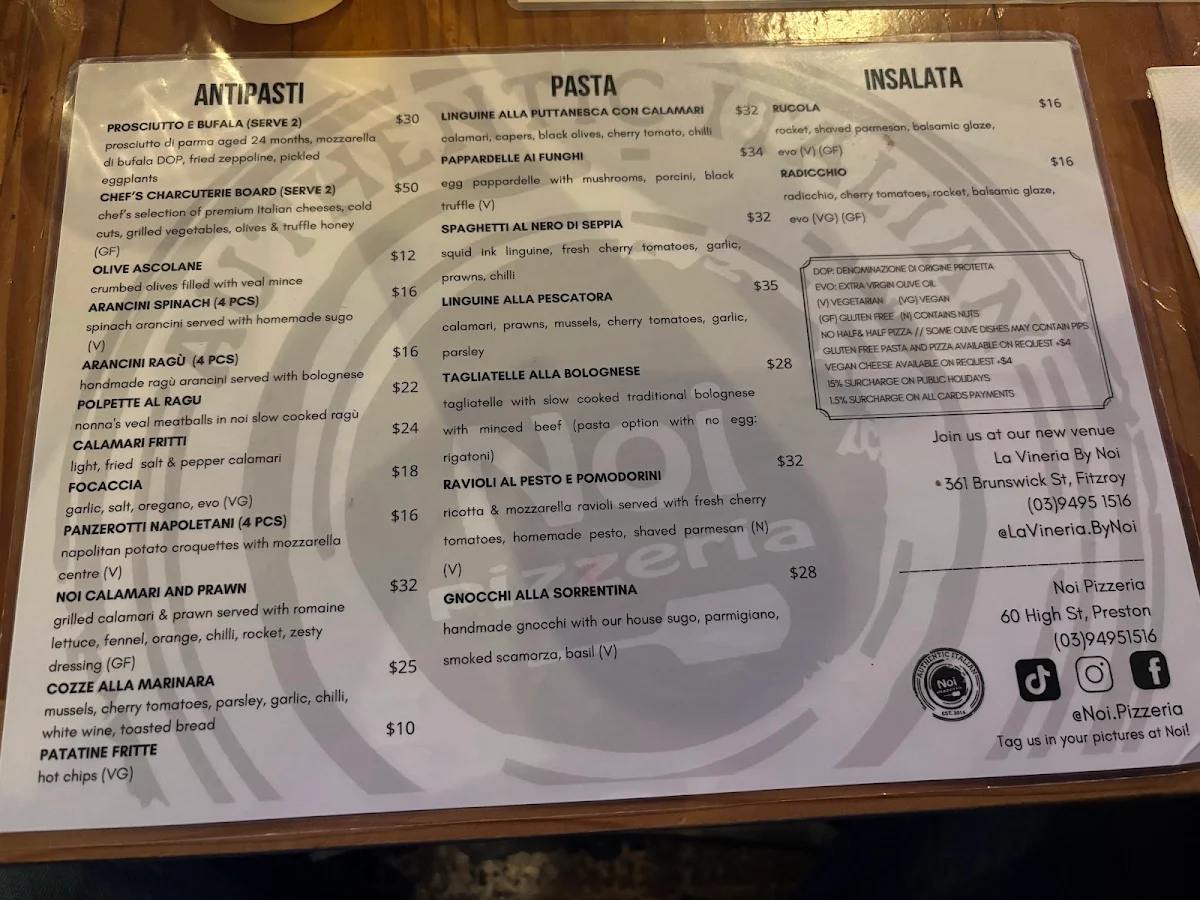 Menu, Noi Pizzeria Preston
