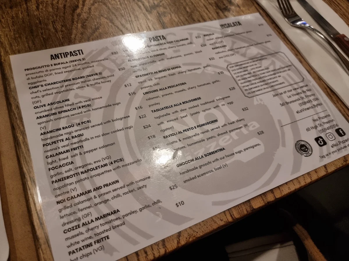Menu, Noi Pizzeria Preston