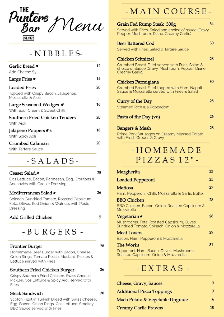 Menu, Punters Bar