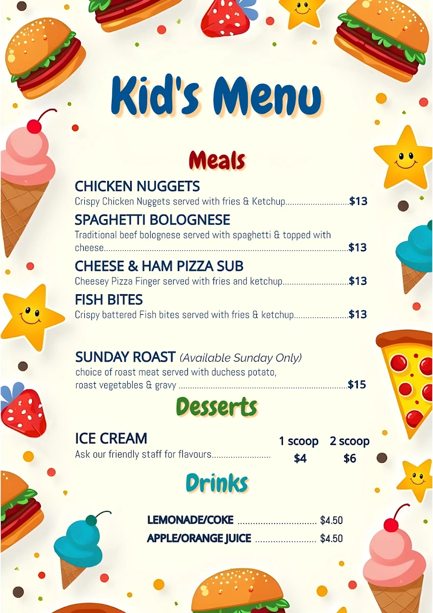 Menu, Punters Bar