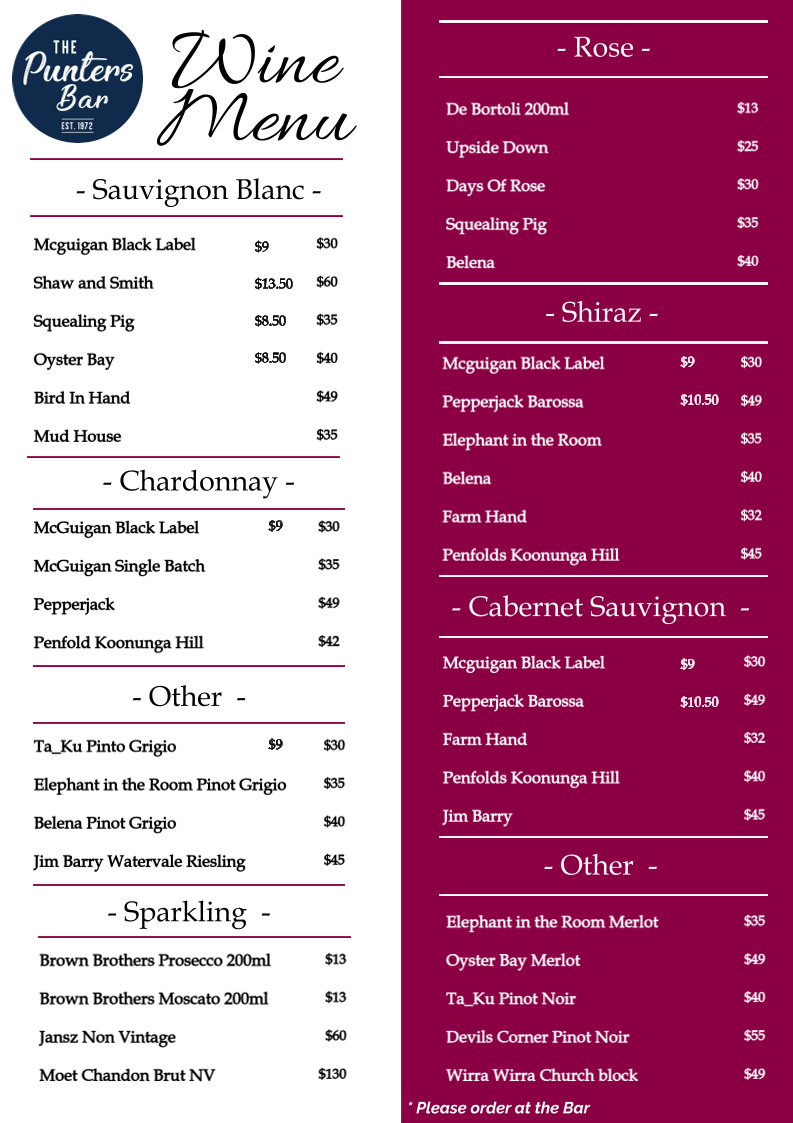 Menu, Punters Bar