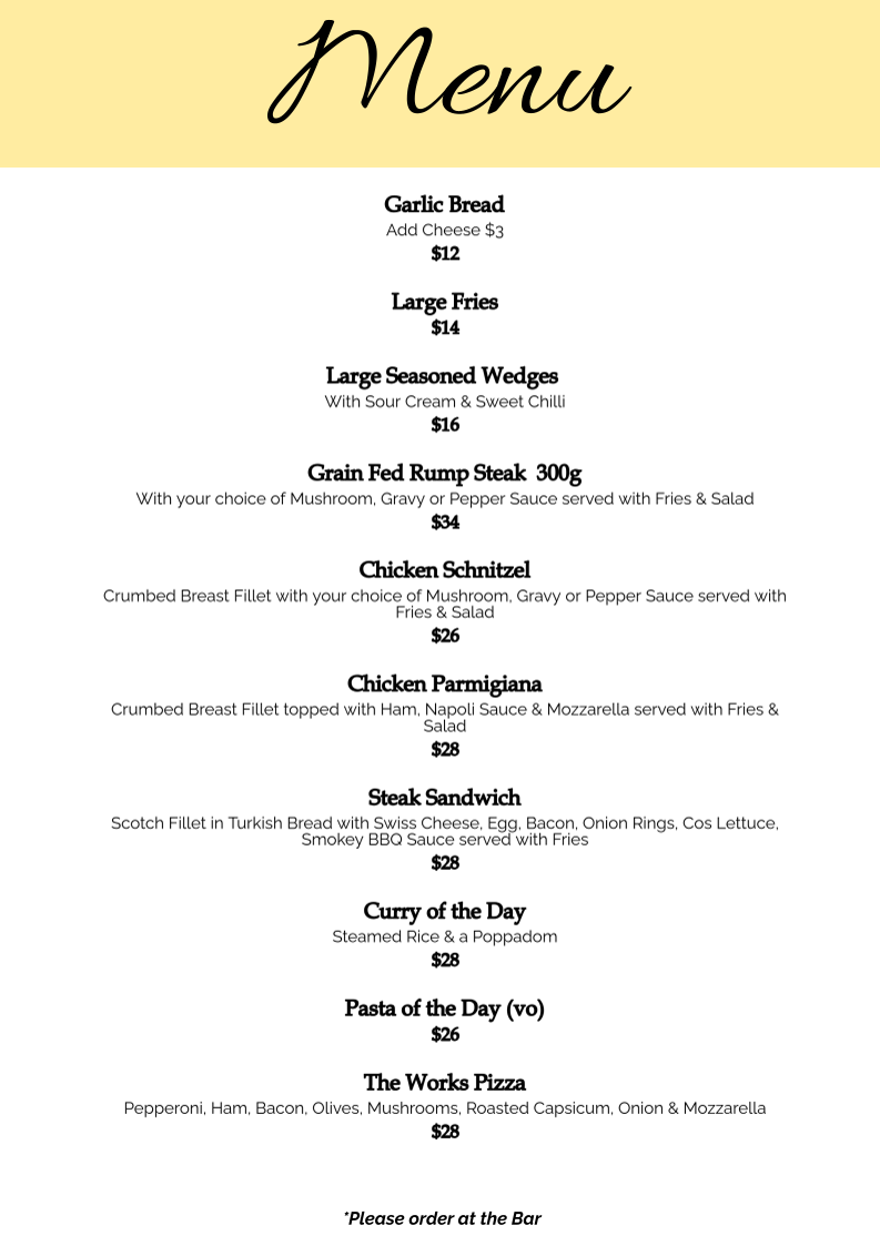 Menu, Punters Bar