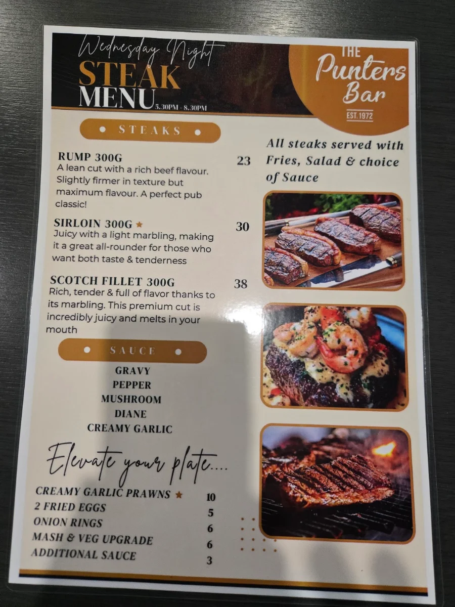 Menu, Punters Bar