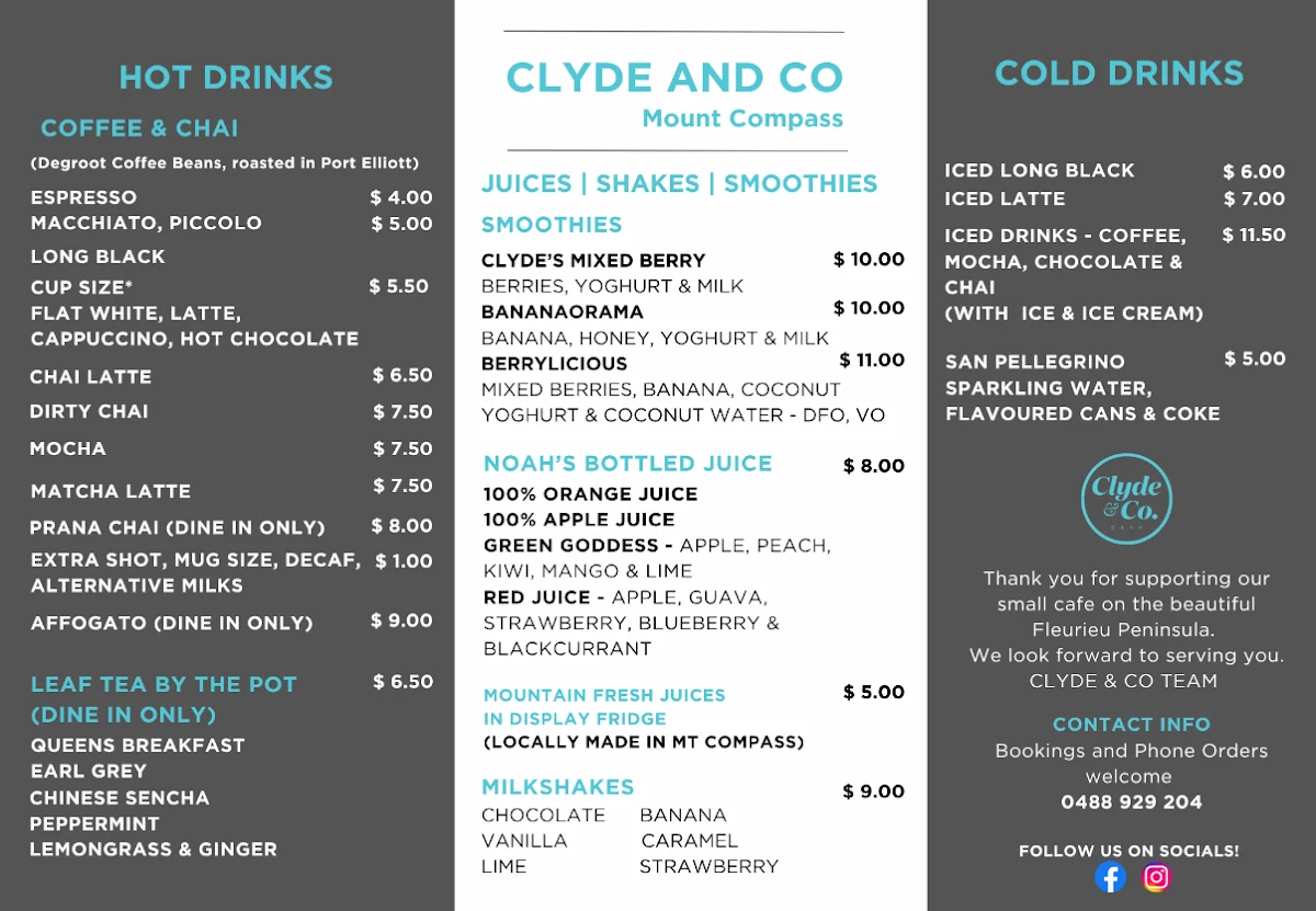 Menu, Cafe Clyde & Co