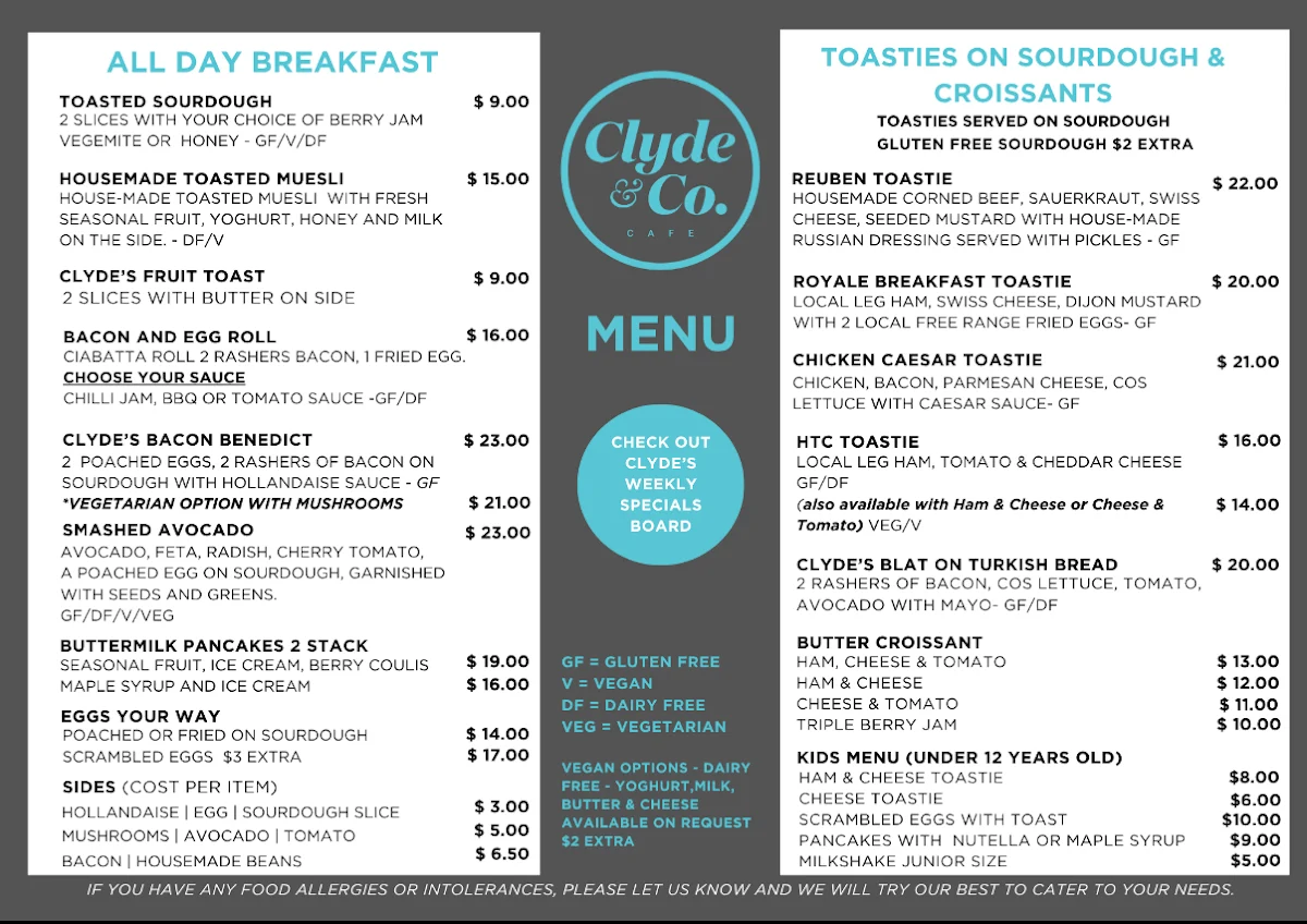 Menu, Cafe Clyde & Co