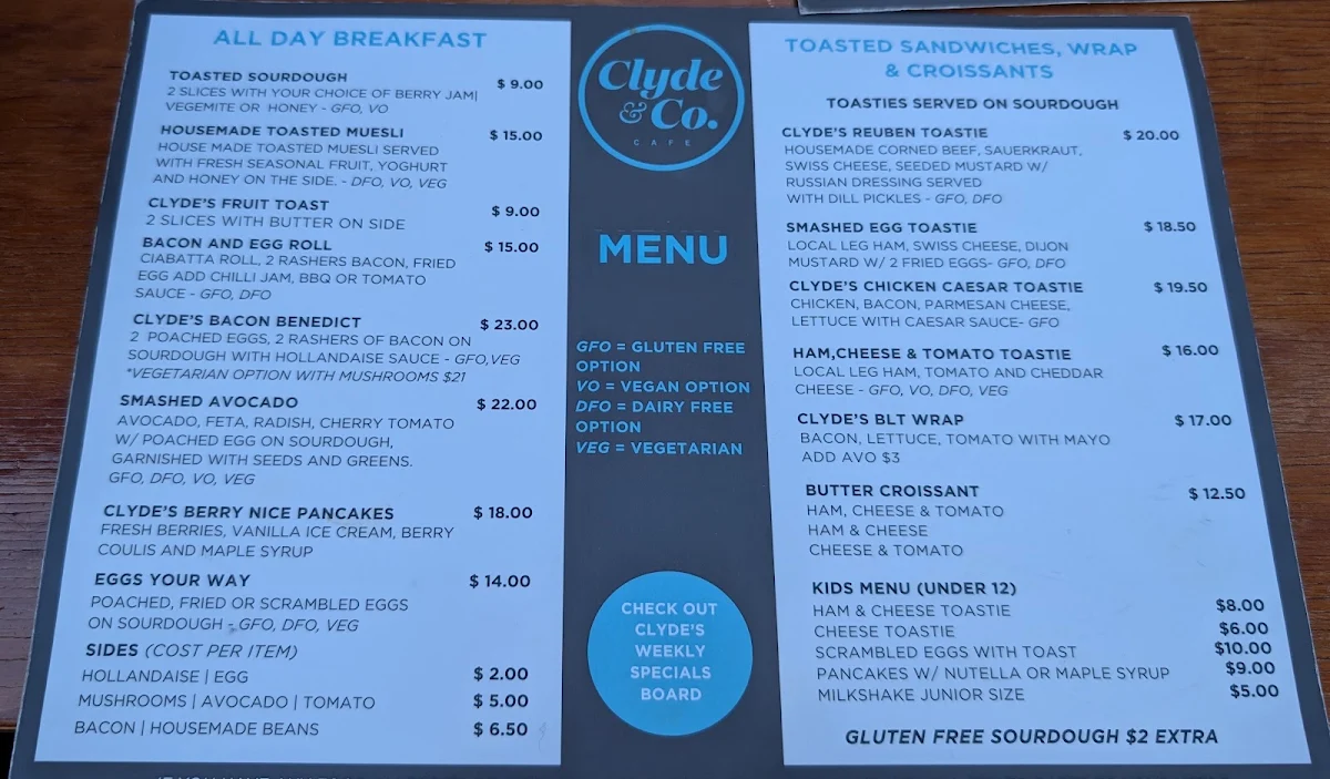 Menu, Cafe Clyde & Co