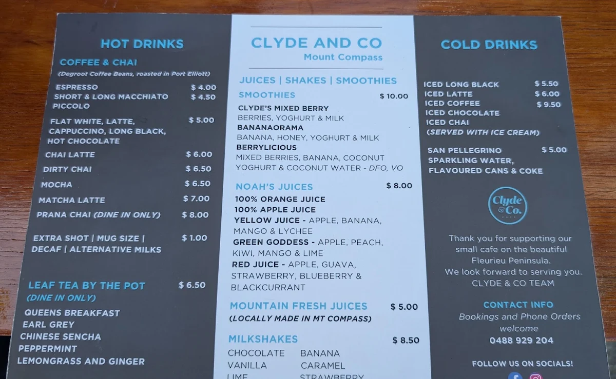 Menu, Cafe Clyde & Co