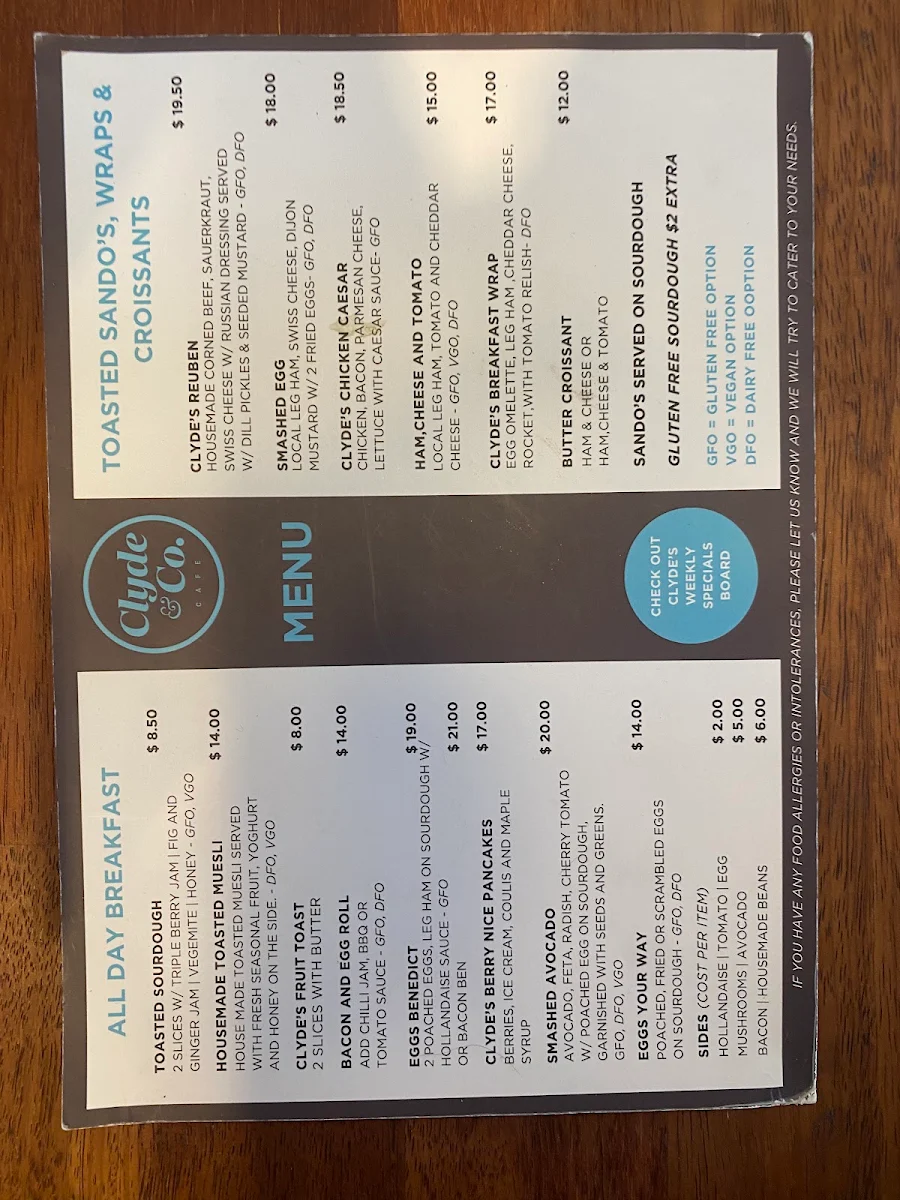 Menu, Cafe Clyde & Co