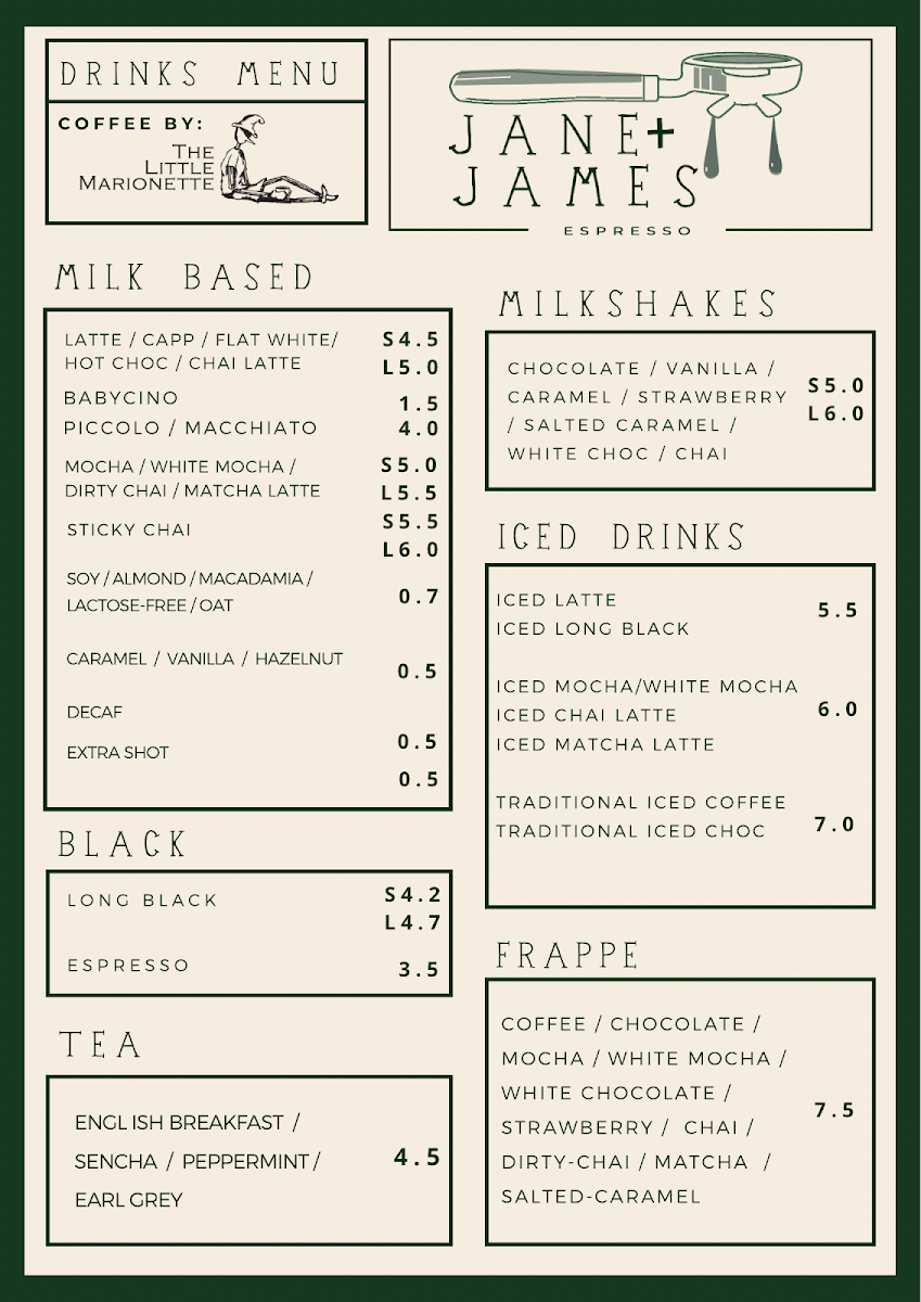 Menu, Jane + James Espresso