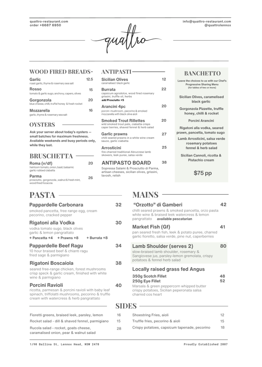 Menu, Quattro Classic Lennox Head