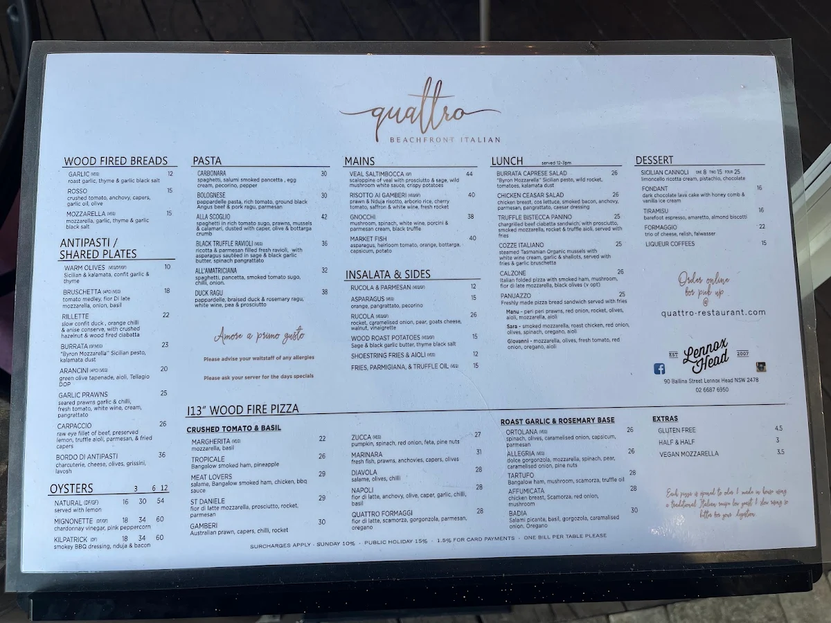 Menu, Quattro Classic Lennox Head