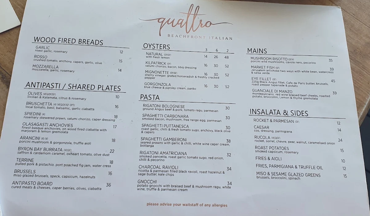 Menu, Quattro Classic Lennox Head