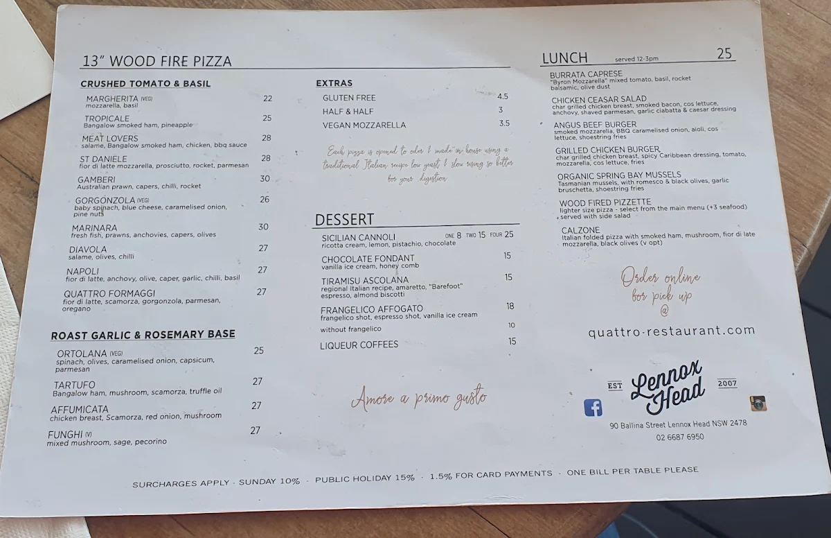 Menu, Quattro Classic Lennox Head