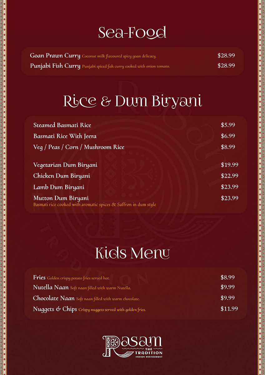 Menu, Rasam - Indian Restaurant (Craigieburn)