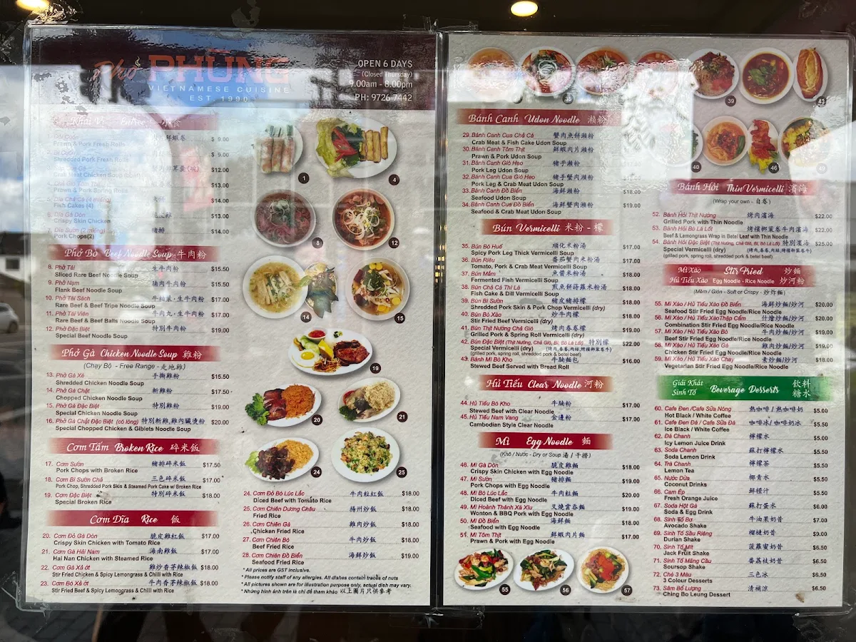 Menu, Pho Phung Vietnamese Cuisine