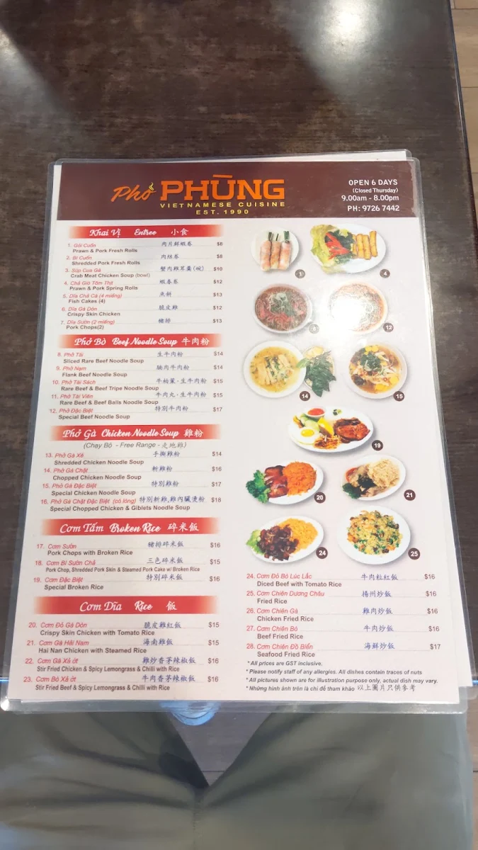 Menu, Pho Phung Vietnamese Cuisine