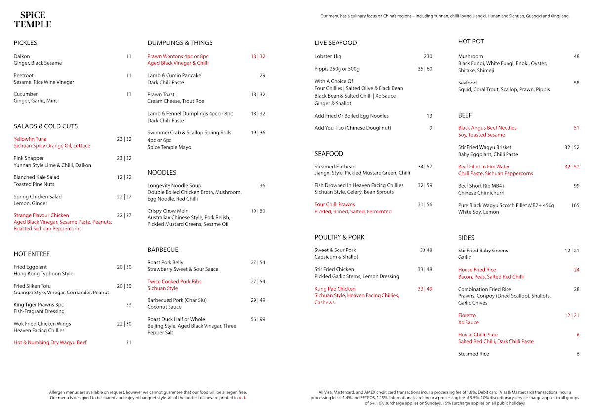 Menu, Spice Temple Sydney