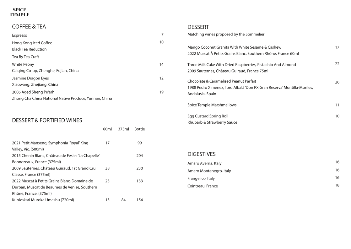 Menu, Spice Temple Sydney