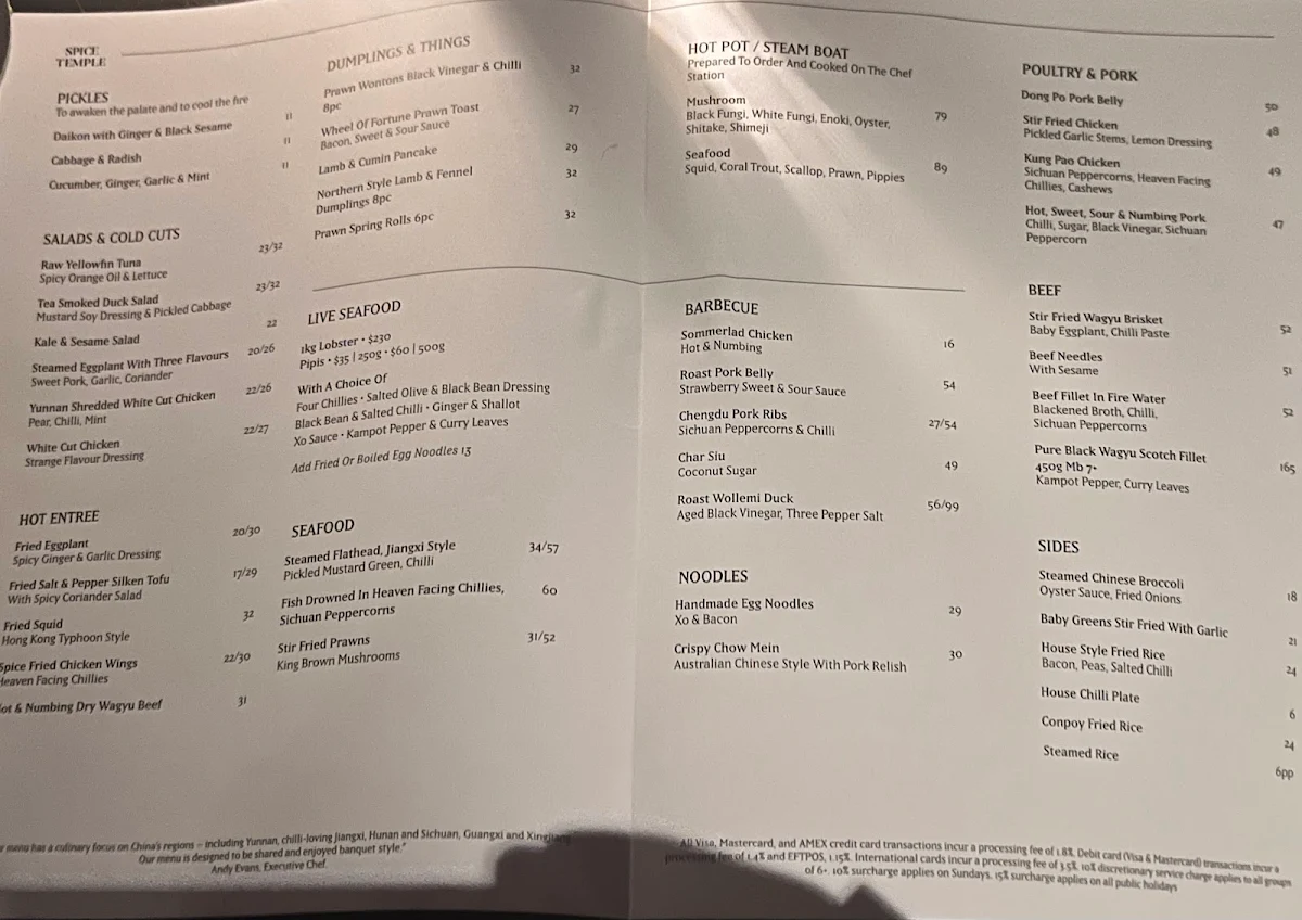 Menu, Spice Temple Sydney