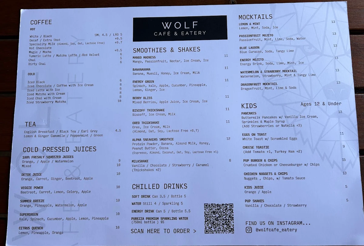 Menu, Wolf Cafe & Eatery