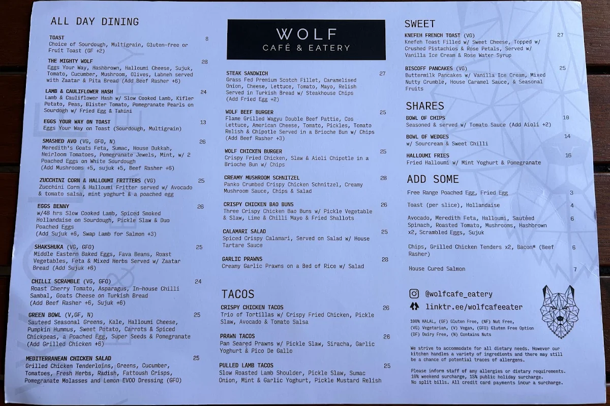 Menu, Wolf Cafe & Eatery