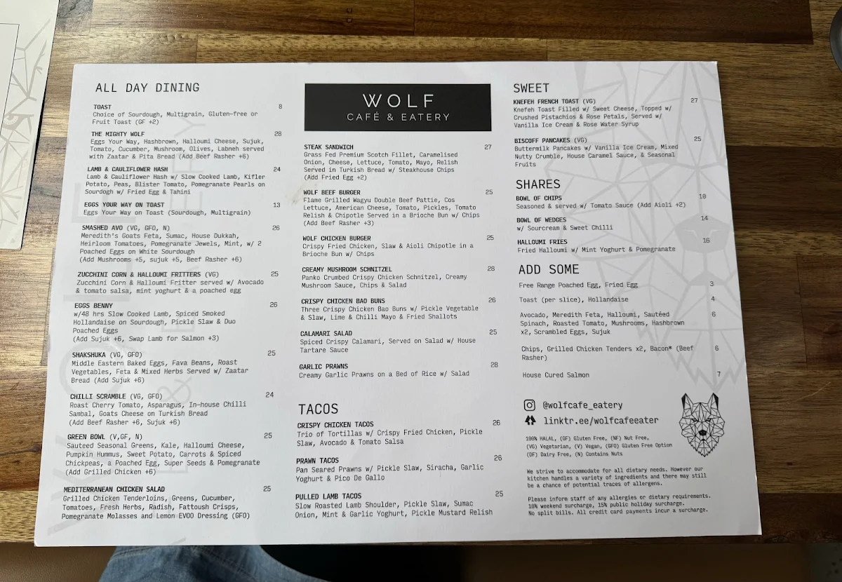 Menu, Wolf Cafe & Eatery