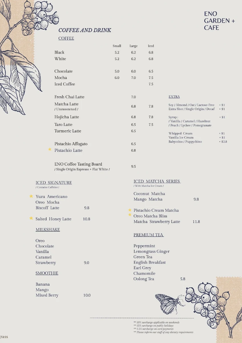Menu, Eno Garden Cafe