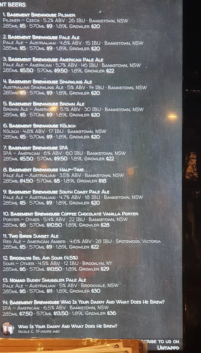 Menu, Basement Brewhouse