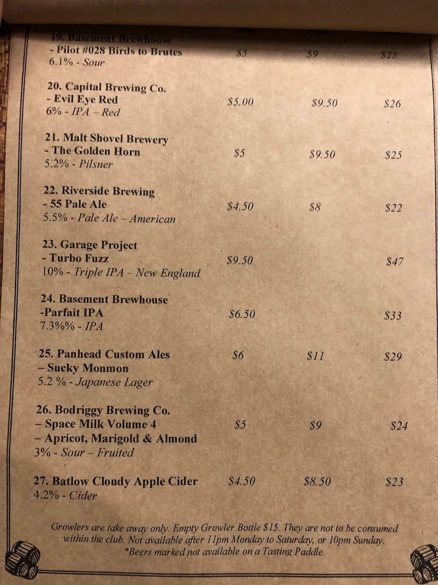Menu, Basement Brewhouse
