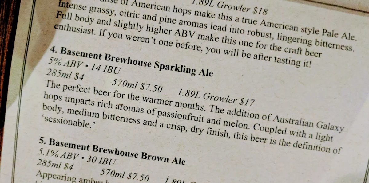 Menu, Basement Brewhouse