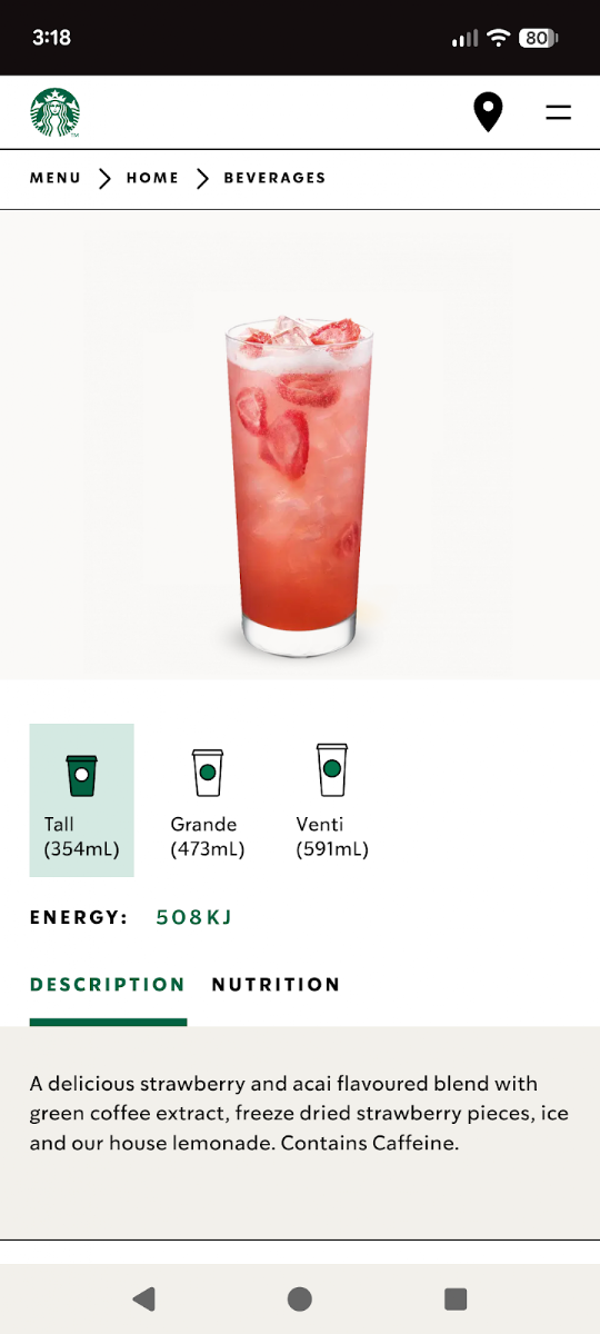 Menu, Starbucks Indooroopilly