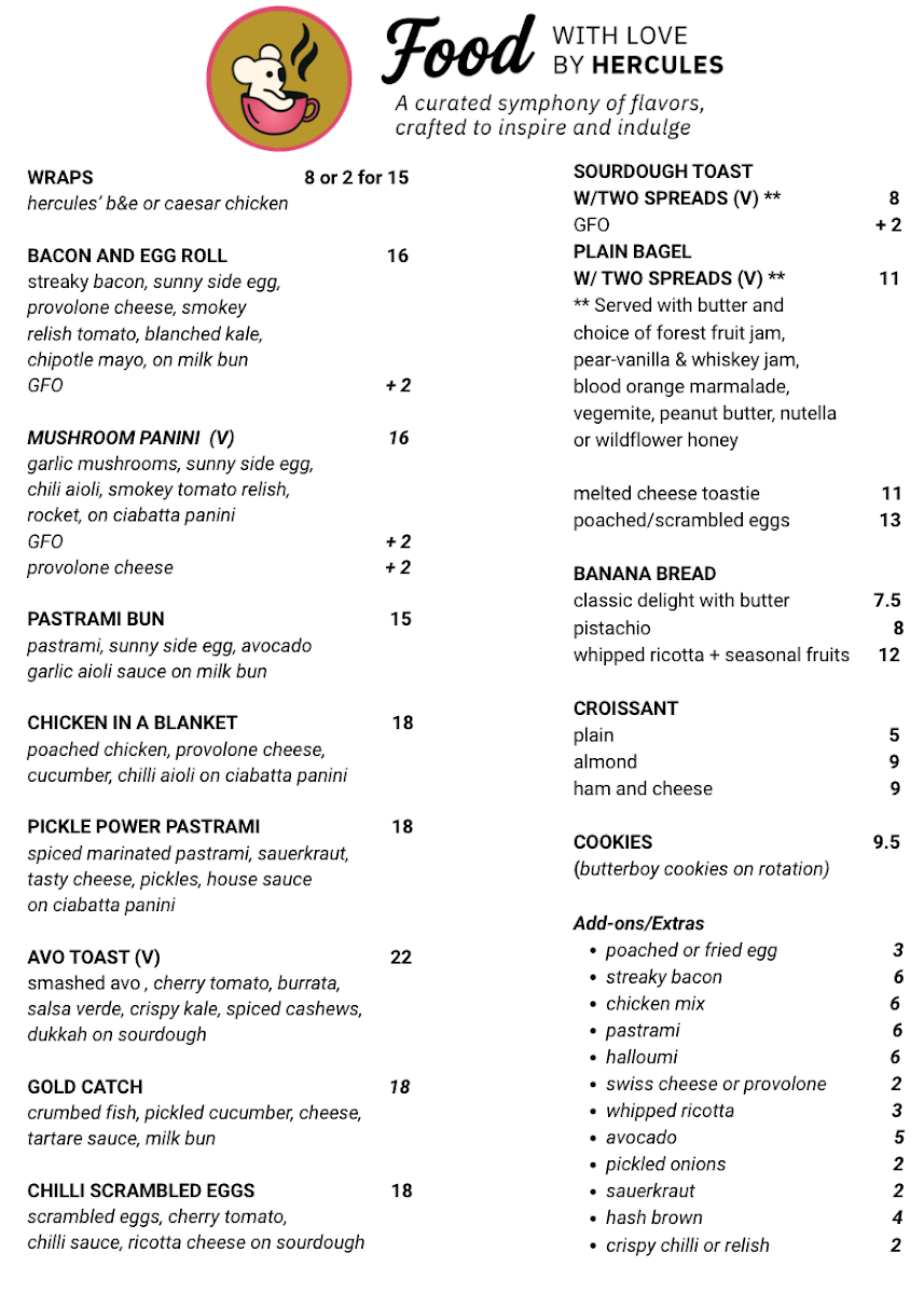 Menu, Hercules Cafe Ashfield