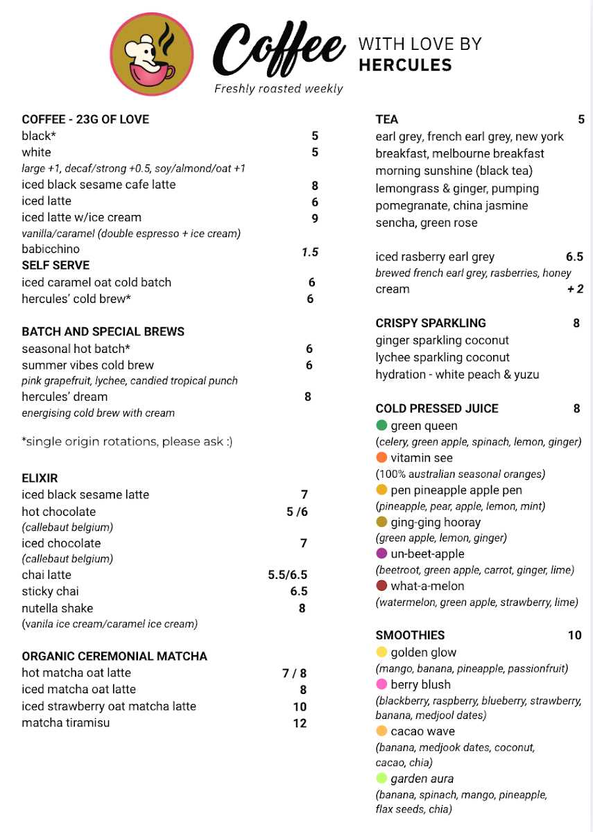 Menu, Hercules Cafe Ashfield