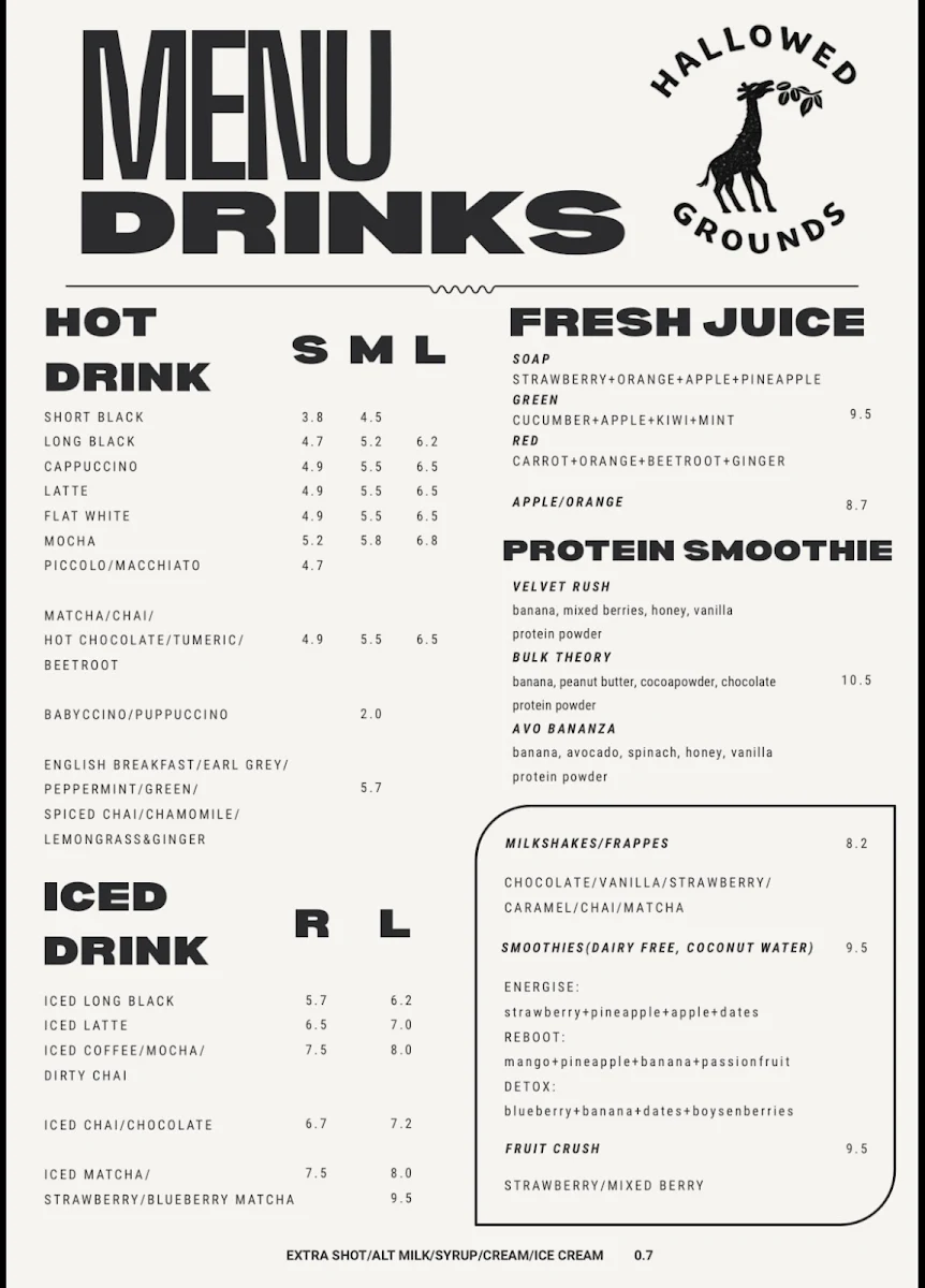 Menu, Hallowed Grounds Espresso Café