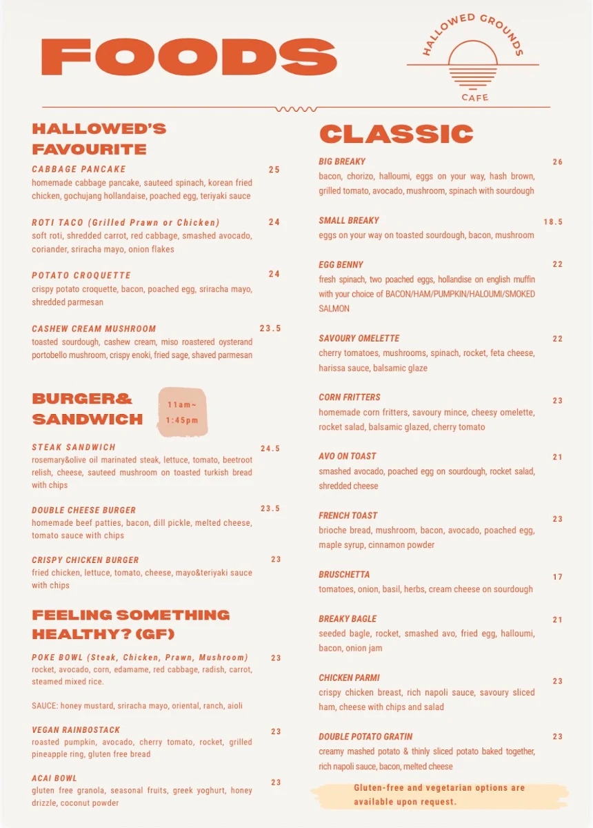 Menu, Hallowed Grounds Espresso Café