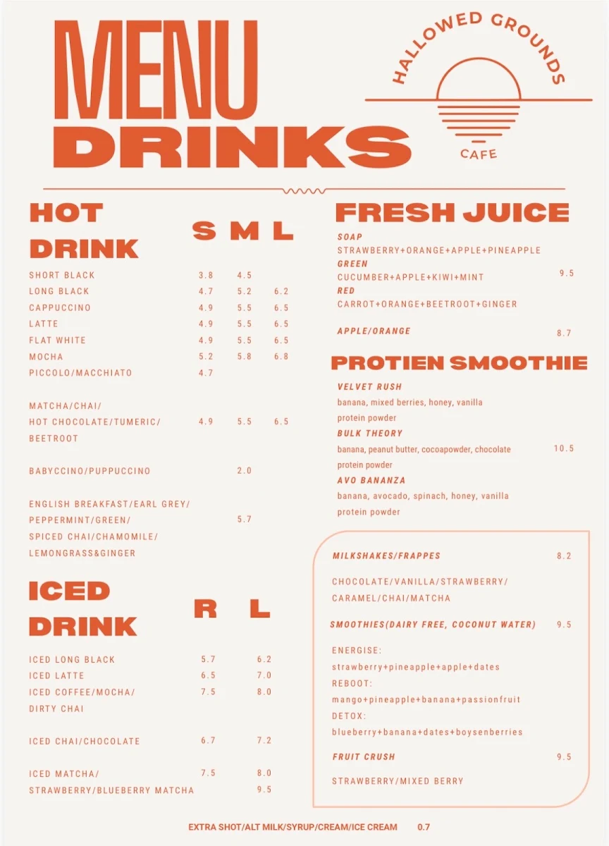Menu, Hallowed Grounds Espresso Café