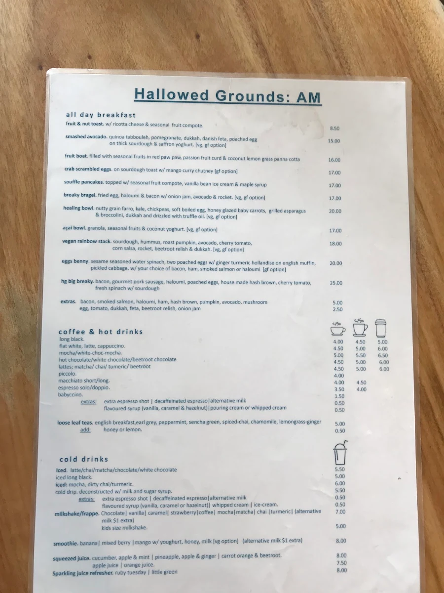 Menu, Hallowed Grounds Espresso Café