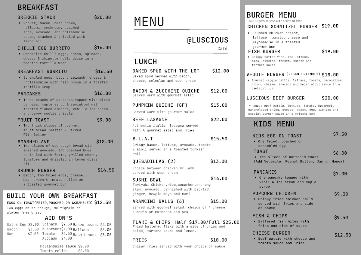 Menu, @Luscious Cafe & Bar