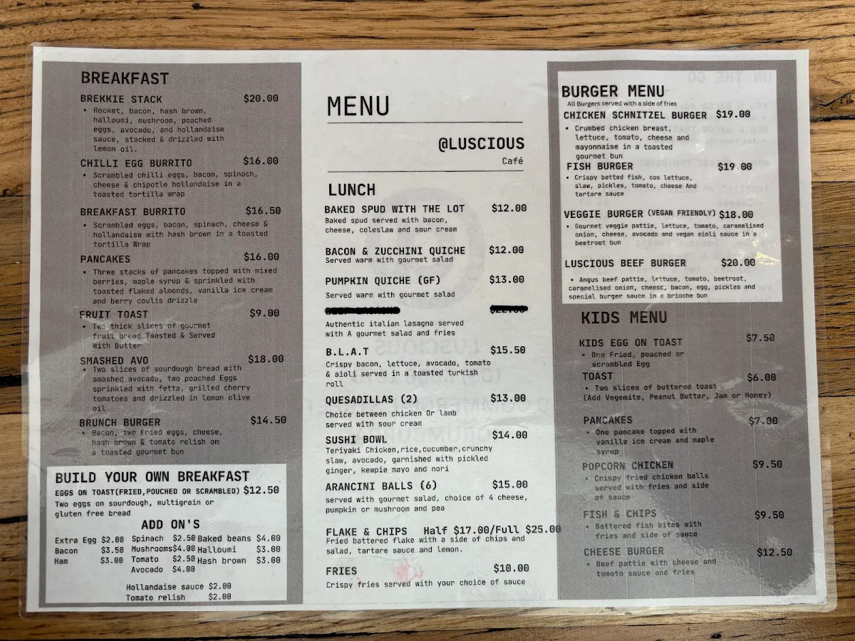 Menu, @Luscious Cafe & Bar