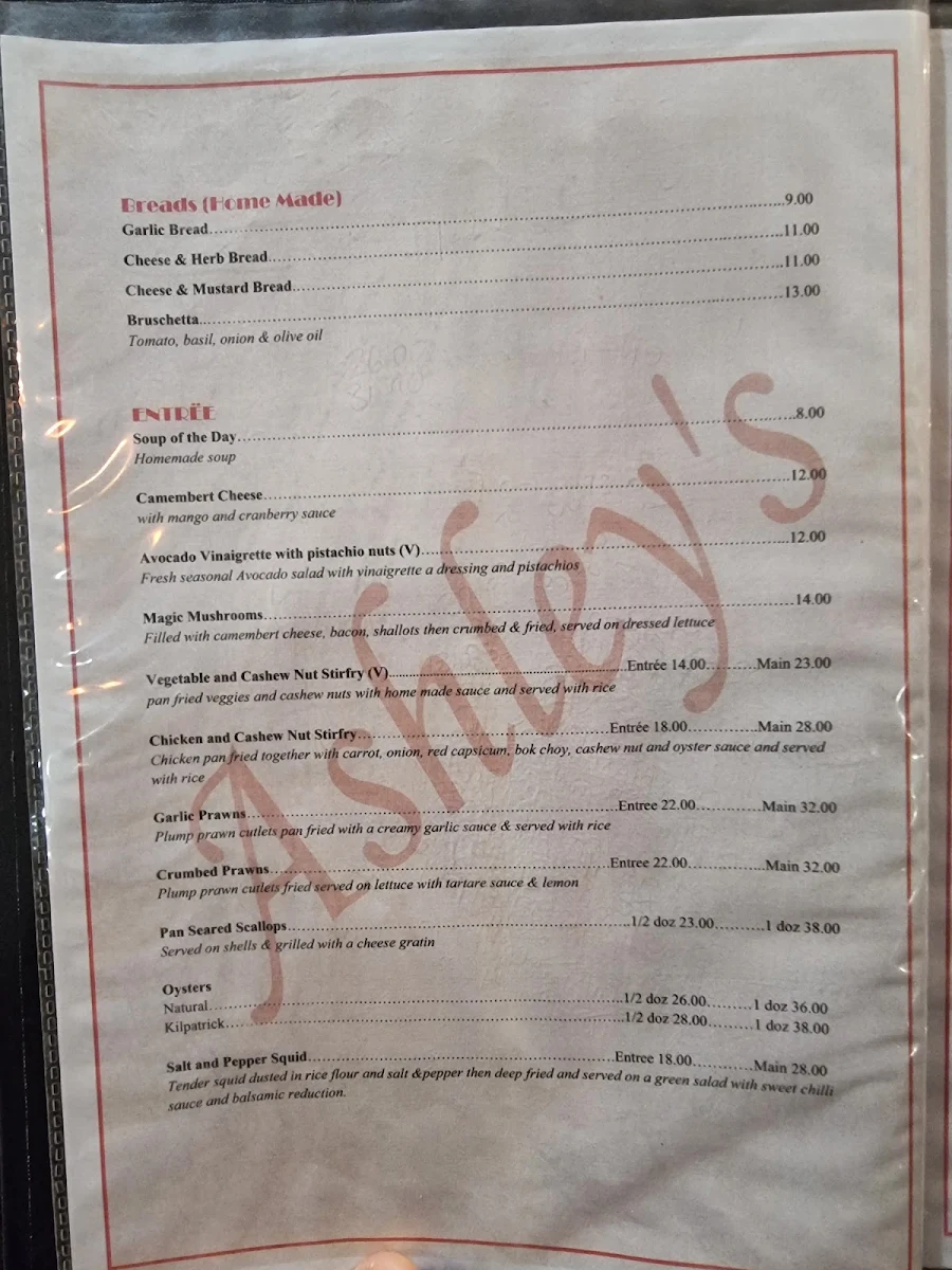 Menu, Ashley's Restaurant
